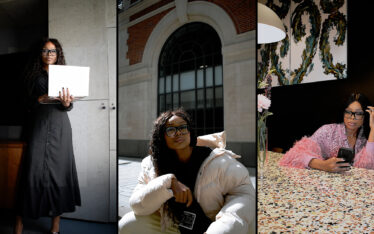 Collage of three images depicting Bess Obarotimi. In the first, she stands confidently with a laptop, representing the creation of impactful content. The second image captures Bess outdoors, reflecting on criticism and support within the community. The third shows Bess at a café, engaging with her online community via smartphone, blending the themes of Content, Criticism & Community.