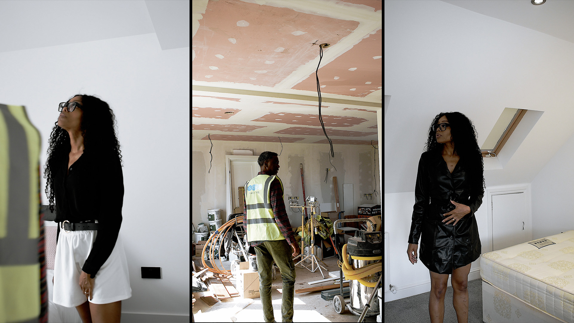 A collage of Bess Obarotimi at various stages of viewing properties during her divine career transition. The first image shows Bess in a white shirt and skirt, looking at a finished room. The middle image features Bess in a construction safety vest, observing ongoing work in a room with exposed wiring and an unfinished ceiling. The last image displays Bess in a black dress, examining an interior with construction materials scattered around. Each scene captures key moments from her property journey.