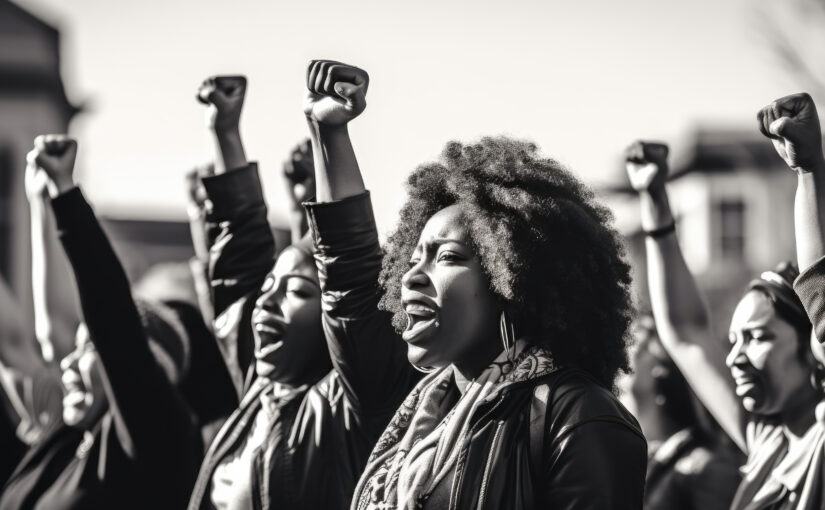 Black women raising fists in protest, symbolising strength and resistance to patriarchy in public