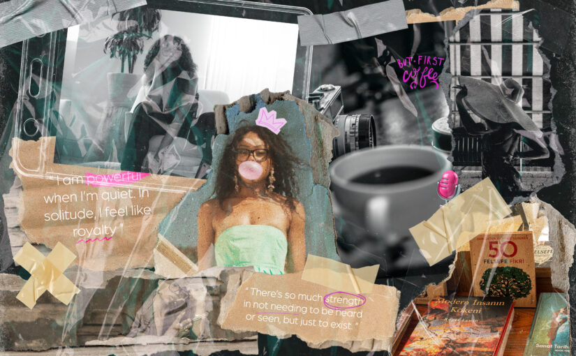 A creative collage representing The Art of Solitude, featuring a woman exuding quiet confidence and power in silence and stillness